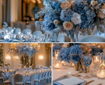 Elegant winter wedding decor with blue aesthetic details, including frosty blue floral arrangements, velvet table settings, and subtle lighting, creating a serene, fairytale-like atmosphere.