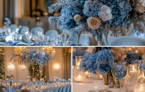 Elegant winter wedding decor with blue aesthetic details, including frosty blue floral arrangements, velvet table settings, and subtle lighting, creating a serene, fairytale-like atmosphere.