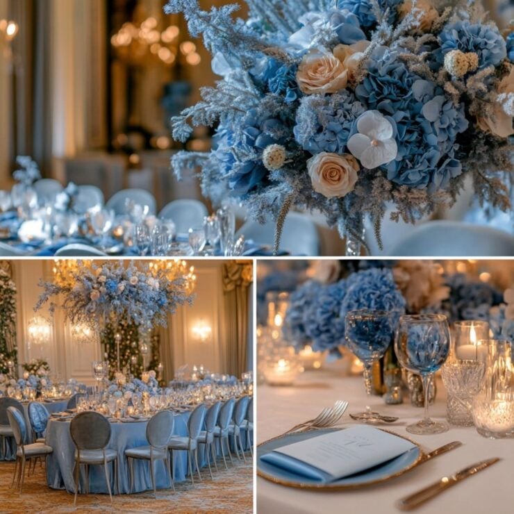 Elegant winter wedding decor with blue aesthetic details, including frosty blue floral arrangements, velvet table settings, and subtle lighting, creating a serene, fairytale-like atmosphere.