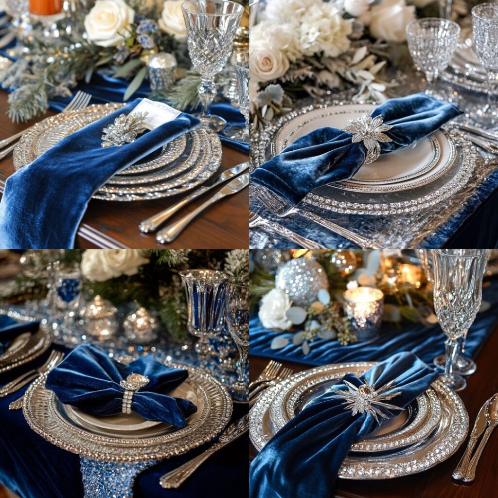 Blue velvet table runner and napkins with silver and crystal accents, enhancing the table's luxurious winter aesthetic with soft textures and a rich, warm color palette.