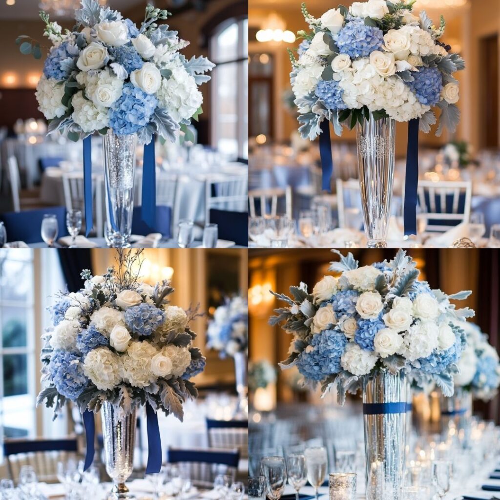 Frosty blue hydrangeas and white roses in tall, clear vases with silver accents like dusty miller and navy ribbons, creating an enchanting floral arrangement for a winter wedding.