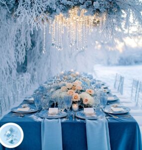 Winter wedding setup with elegant blue color palette, featuring shades of frosty pastels to deep navy blues against a snowy, sparkling landscape.