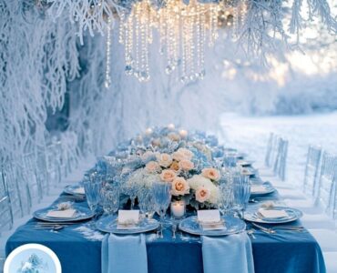Winter wedding setup with elegant blue color palette, featuring shades of frosty pastels to deep navy blues against a snowy, sparkling landscape.
