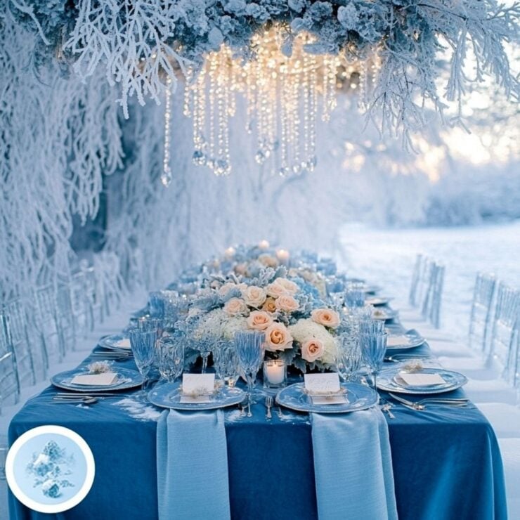 Winter wedding setup with elegant blue color palette, featuring shades of frosty pastels to deep navy blues against a snowy, sparkling landscape.