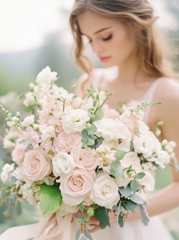 A soft and airy rustic wedding color palette of blush pink, mint green, and ivory, perfect for a romantic, timeless wedding in a garden or barn venue.