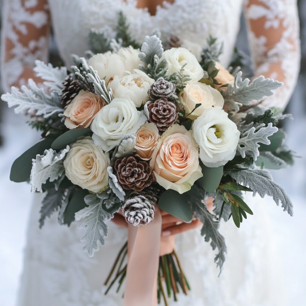 Winter bridal bouquet featuring champagne-toned roses, blush peonies, white ranunculus, silver-dusted greenery, and frosted pinecones tied with a blush silk ribbon.