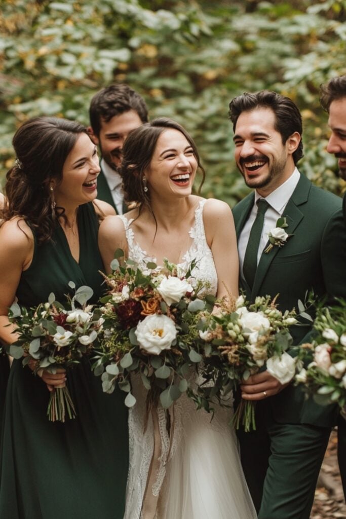 Elegant bridal party dressed in dark green outfits, with bridesmaids in varying styles and fabrics, and groomsmen accessorized with ties and pocket squares to complement the theme.