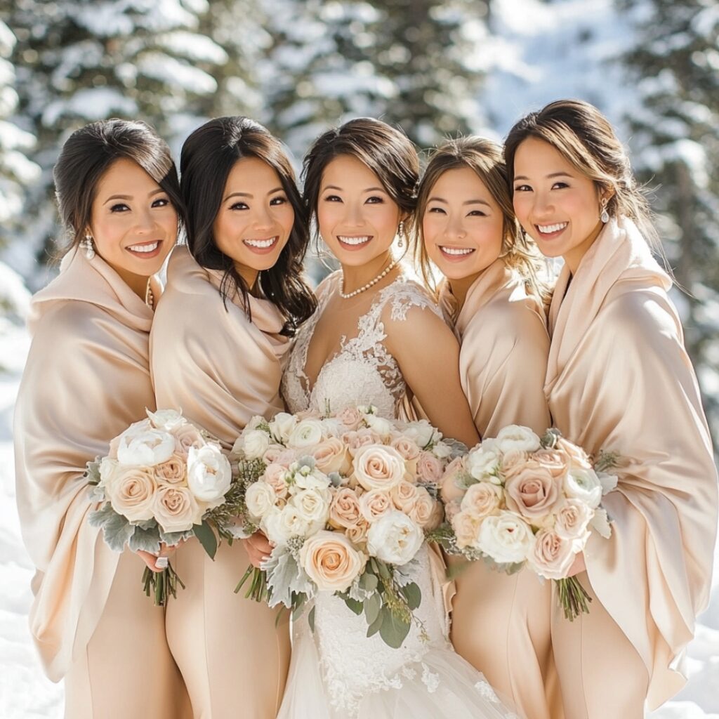 Bridesmaids dressed in champagne satin gowns with blush shawls, accessorized with pearl jewelry and metallic heels, posing against a snow-covered winter backdrop