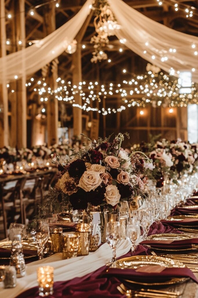 Romantic rustic wedding palette of burgundy, blush, and gold, with floral arrangements, metallic accents, and string lights in a barn venue setting.