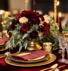 Elegant burgundy and gold winter wedding setup featuring a romantic blend of decor, attire, and florals in rich, festive colors, ideal for the season.
