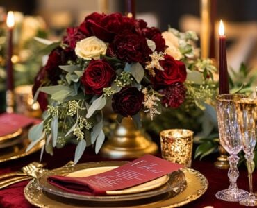 Elegant burgundy and gold winter wedding setup featuring a romantic blend of decor, attire, and florals in rich, festive colors, ideal for the season.