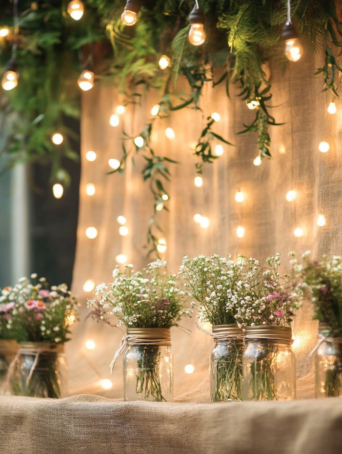 Charming rustic wedding backdrop featuring burlap fabric and mason jars filled with wildflowers and fairy lights.