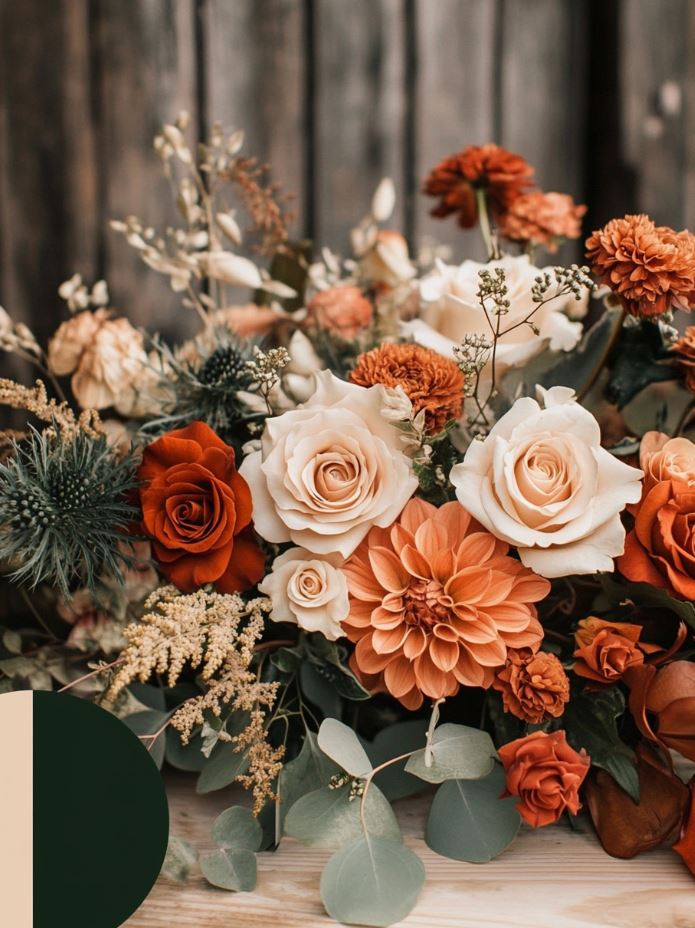 A warm rustic wedding color palette of burnt orange, forest green, and ivory, perfect for autumn celebrations with vibrant florals and natural elements in barn or woodland venues.