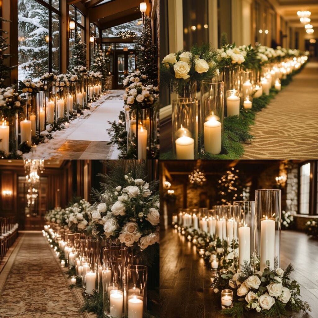 Romantic winter wedding aisle lined with candles in glass holders, complemented by pine and white roses for a warm, fairytale-like entrance.