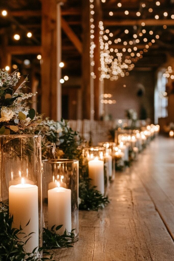 Romantic winter wedding aisle lined with flickering candles in hurricane vases and accented with winter greenery.