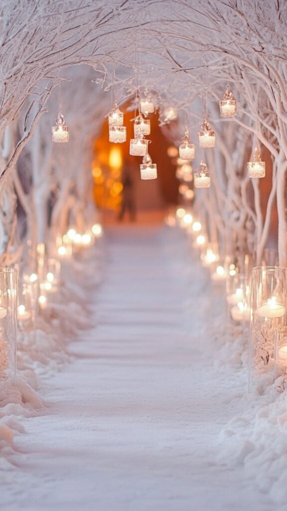 White-painted branches adorned with hanging votive candles and faux snow, creating a serene, snowy forest vibe for a winter wedding aisle.