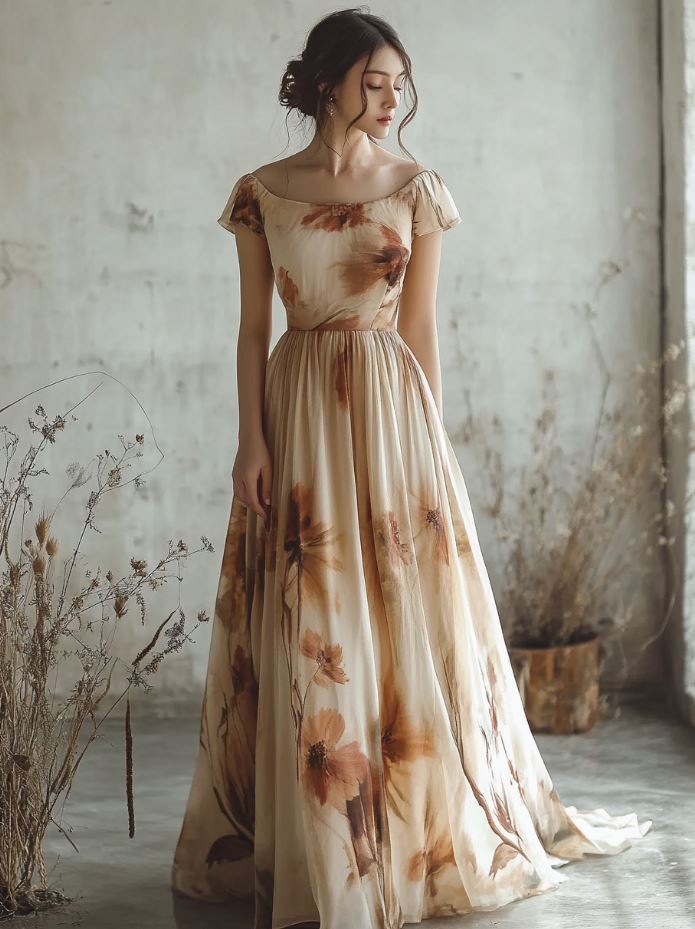 A cap-sleeve A-line dress with a feminine, flattering silhouette in soft, earthy tones, ideal for rustic wedding guests looking for an elegant, comfortable look.