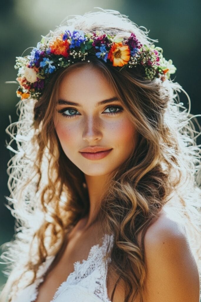 Bride with flowing cascading curls topped with a vibrant wildflower crown, exuding a bohemian and rustic wedding vibe.