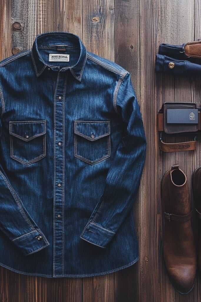 Casual rustic men’s wedding guest outfit with a chambray shirt, dark denim, a leather belt, and suede boots, ideal for relaxed outdoor ceremonies.