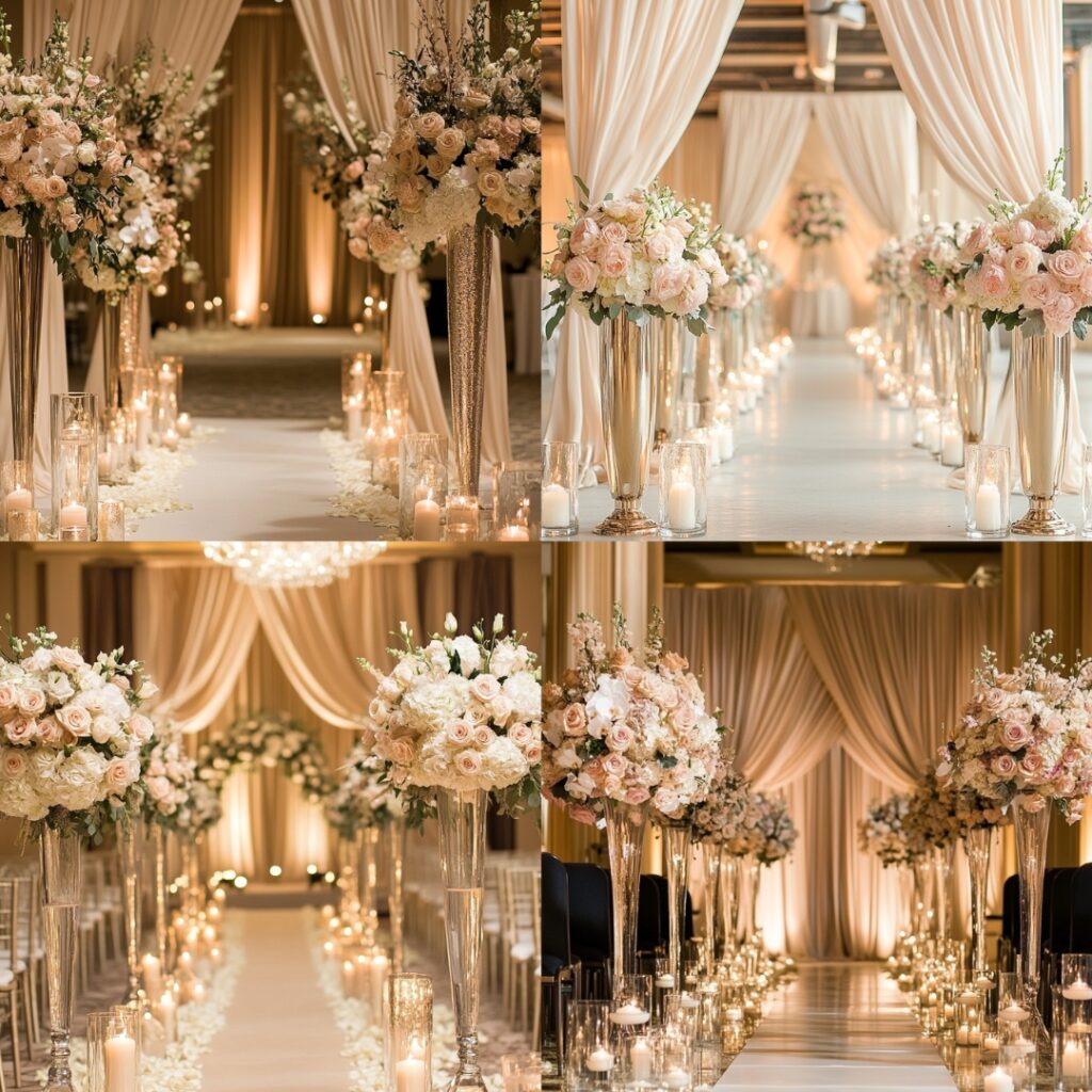 Winter wedding ceremony decorated with champagne drapes, blush floral arrangements, metallic vases, and candles in crystal holders along the aisle.