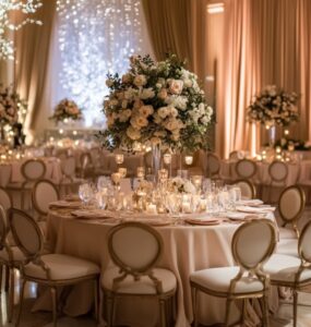 Elegant winter wedding setup with champagne and blush color accents, featuring soft lighting, floral arrangements, and cozy romantic details for an unforgettable celebration.