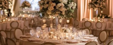Elegant winter wedding setup with champagne and blush color accents, featuring soft lighting, floral arrangements, and cozy romantic details for an unforgettable celebration.