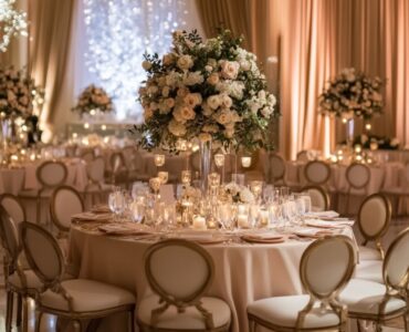 Elegant winter wedding setup with champagne and blush color accents, featuring soft lighting, floral arrangements, and cozy romantic details for an unforgettable celebration.