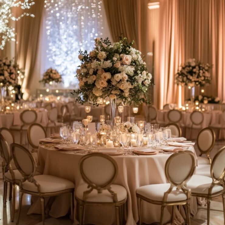 Elegant winter wedding setup with champagne and blush color accents, featuring soft lighting, floral arrangements, and cozy romantic details for an unforgettable celebration.