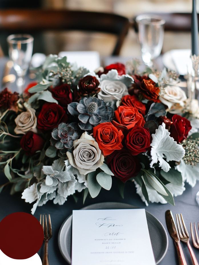 A dramatic rustic wedding color palette featuring charcoal gray, burgundy, and silver with metallic accents and deep tones, perfect for an elegant barn or vineyard setting.