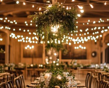 Rustic indoor wedding venue with warm string lights, wooden accents, and cozy greenery decorations, creating an elegant and intimate ambiance.