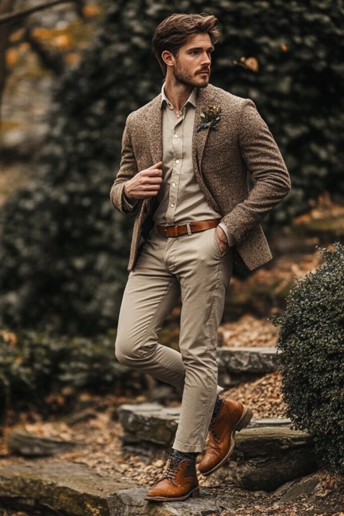 Men’s classic rustic wedding guest attire with a tweed blazer, slim-fit chinos, neutral button-up shirt, and leather boots, offering a timeless and sophisticated look.