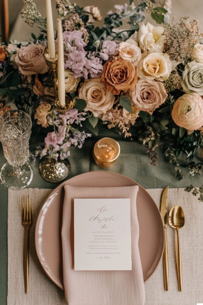 A mood board featuring dark green paired with blush pink, lavender, taupe, gold accents, and earthy tones like terracotta and ochre, creating a harmonious wedding palette.