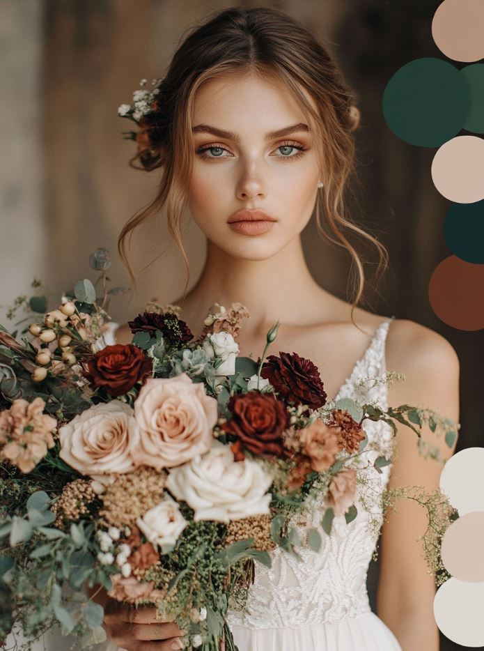 A striking rustic wedding palette with copper, emerald green, and cream, ideal for outdoor garden or forest weddings, blending rich hues with soft, natural tones.