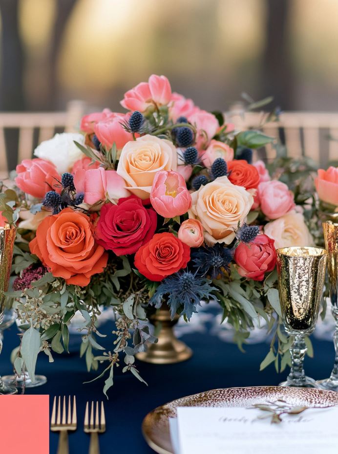 A bold and dynamic rustic wedding palette of coral, navy, and gold, combining vibrant pops of color with elegant metallic accents for barn or outdoor celebrations.