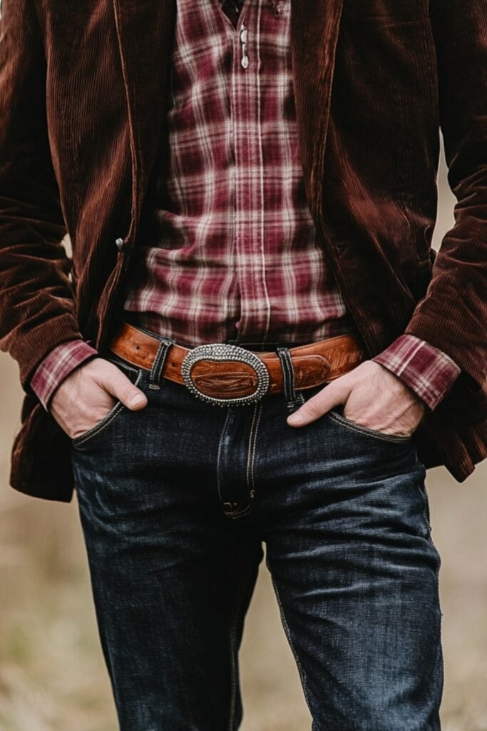 Country-inspired rustic wedding guest attire for men with a plaid shirt, corduroy blazer, dark denim, and cowboy boots for a rugged yet stylish look.