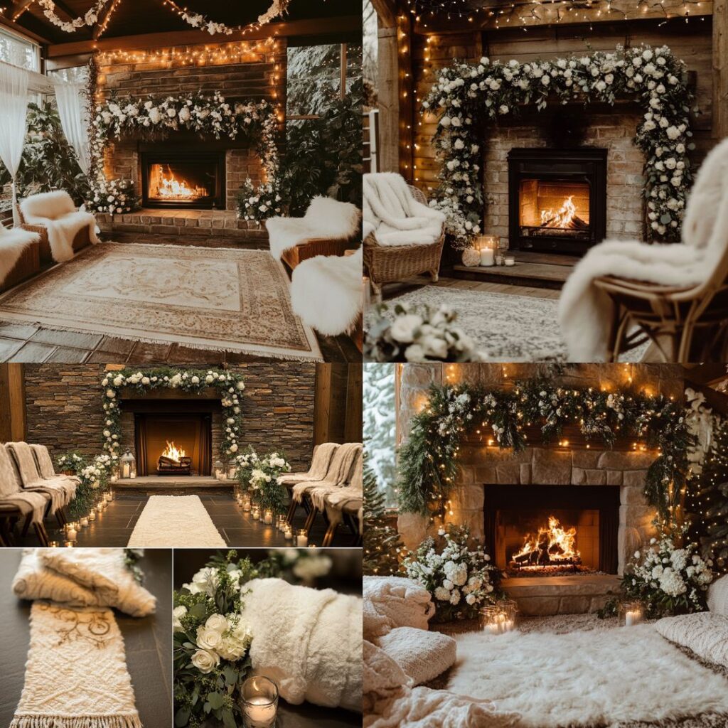 Winter wedding ceremony setup by a fireplace, decorated with garlands, fairy lights, and white florals, creating an inviting, romantic atmosphere with plush blankets for guest seating.