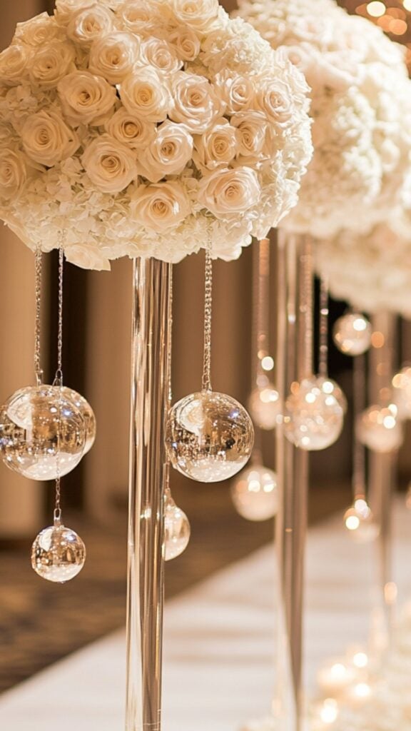 Crystal ornaments hanging from tall stands along a wedding aisle, shimmering in light, paired with white roses for a glamorous winter aesthetic.