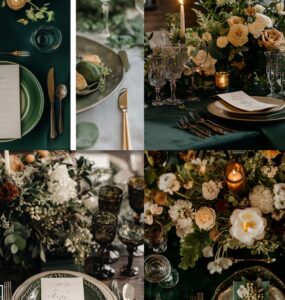 A wedding setup featuring a versatile dark green color palette paired with complementary hues, showcasing natural elements and textures for a cohesive and elegant design.