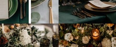A wedding setup featuring a versatile dark green color palette paired with complementary hues, showcasing natural elements and textures for a cohesive and elegant design.