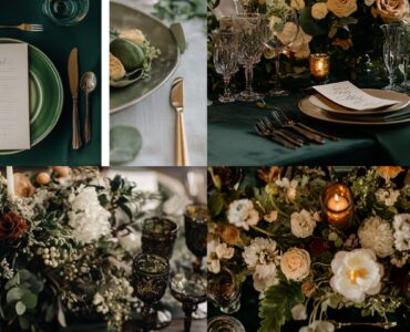 A wedding setup featuring a versatile dark green color palette paired with complementary hues, showcasing natural elements and textures for a cohesive and elegant design.