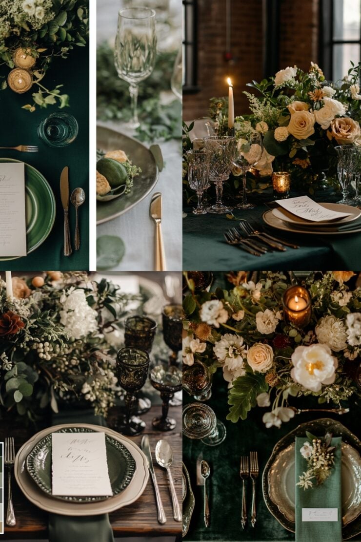 A wedding setup featuring a versatile dark green color palette paired with complementary hues, showcasing natural elements and textures for a cohesive and elegant design.
