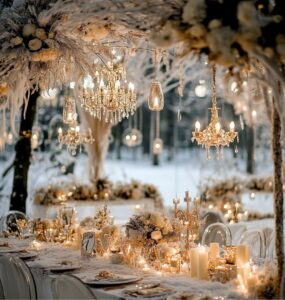 Elegant winter wedding setup with frosty decor and cozy, candlelit ambiance, creating a magical December wedding atmosphere.