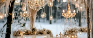 Elegant winter wedding setup with frosty decor and cozy, candlelit ambiance, creating a magical December wedding atmosphere.