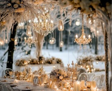 Elegant winter wedding setup with frosty decor and cozy, candlelit ambiance, creating a magical December wedding atmosphere.
