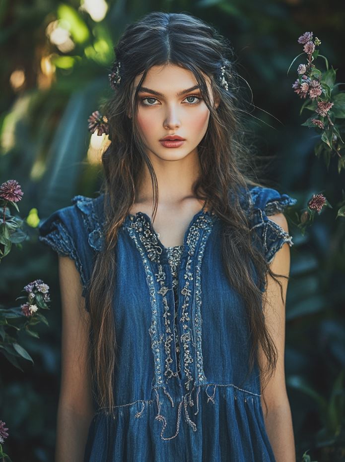A casual denim dress with embellished details such as embroidery and beads, offering a rustic yet stylish option for a laid-back wedding celebration.