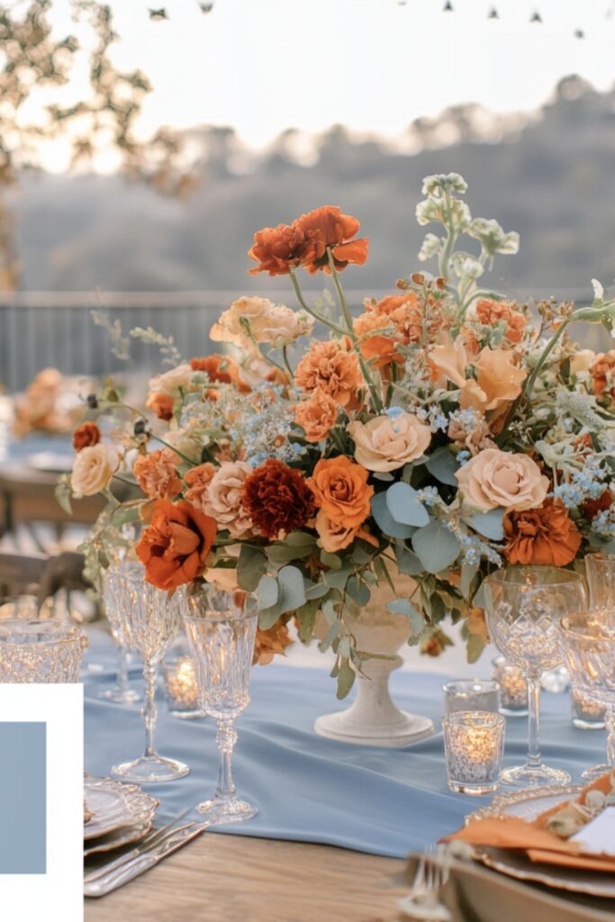 Rustic wedding color palette with dusty blue and burnt orange, showcasing vibrant floral arrangements, table linens, and twinkling lights for a warm autumn ambiance.