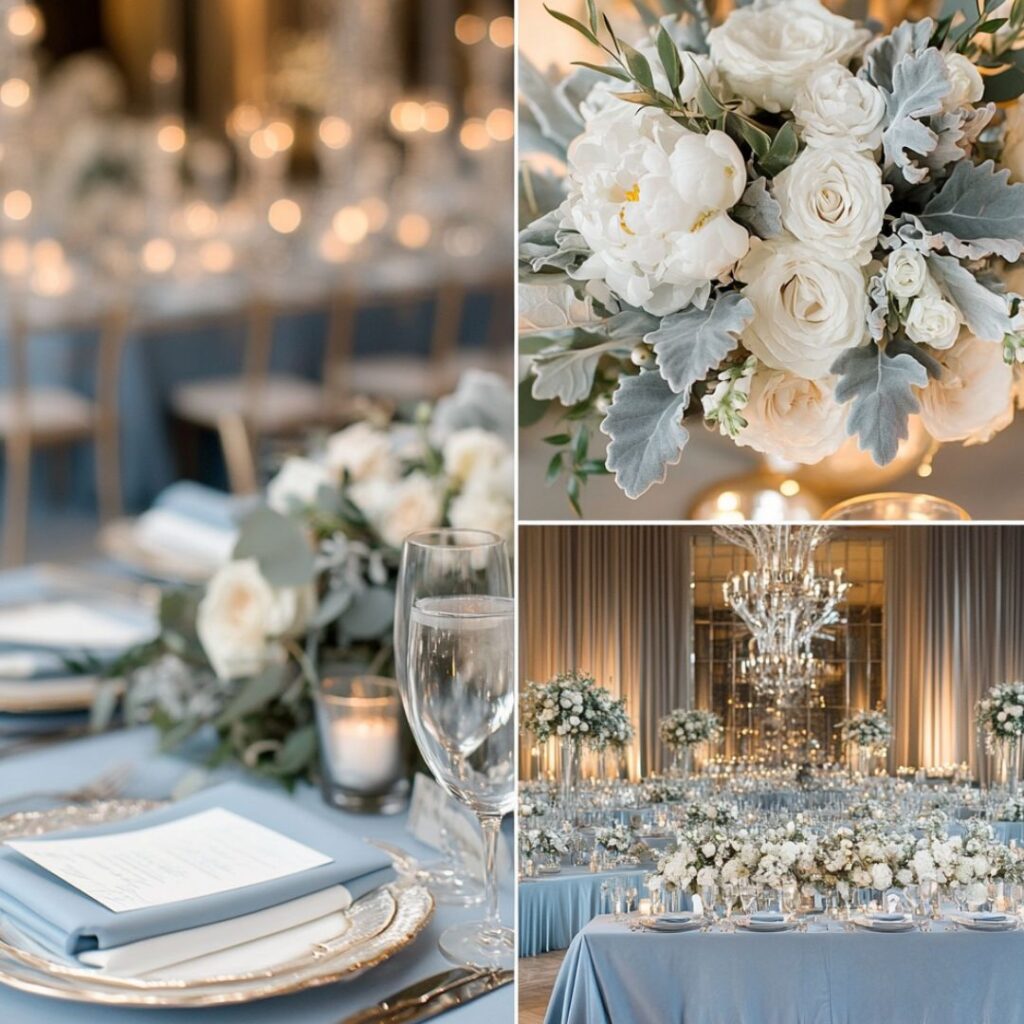 Winter wedding setup with dusty blue linens and champagne accents; bridesmaids in dusty blue dresses and champagne decor elements create a soft, luxurious atmosphere.