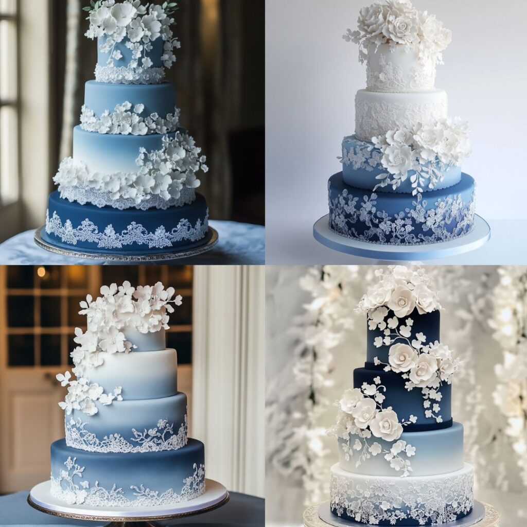 A stylish ombre wedding cake shifting from deep blue to light ice blue, adorned with white sugar flowers and lace piping, ideal for a sophisticated winter wedding.