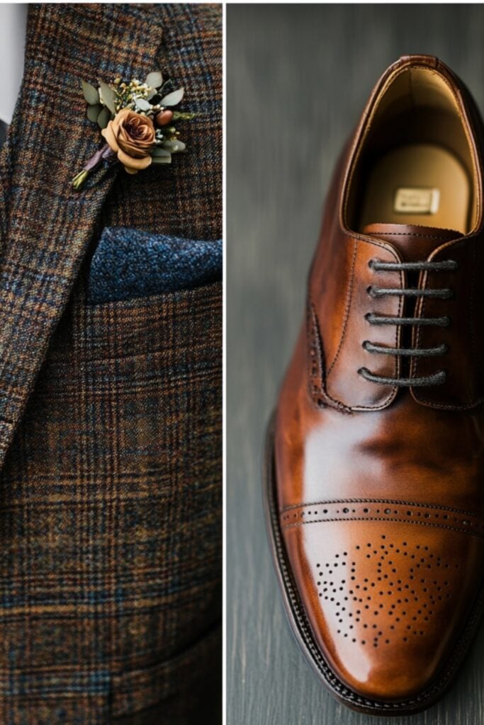Elegant rustic wedding guest attire for men featuring a tweed blazer, crisp shirt, dark trousers, and leather dress shoes, accessorized with a lapel pin.
