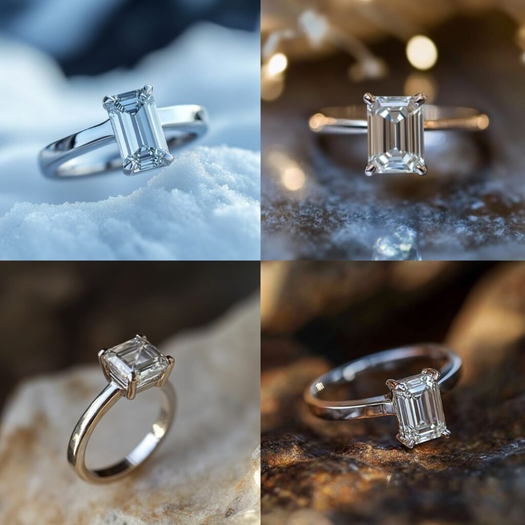 A frosted white gold wedding band with subtle matte texture and small diamond accents, reflecting a rustic winter charm.